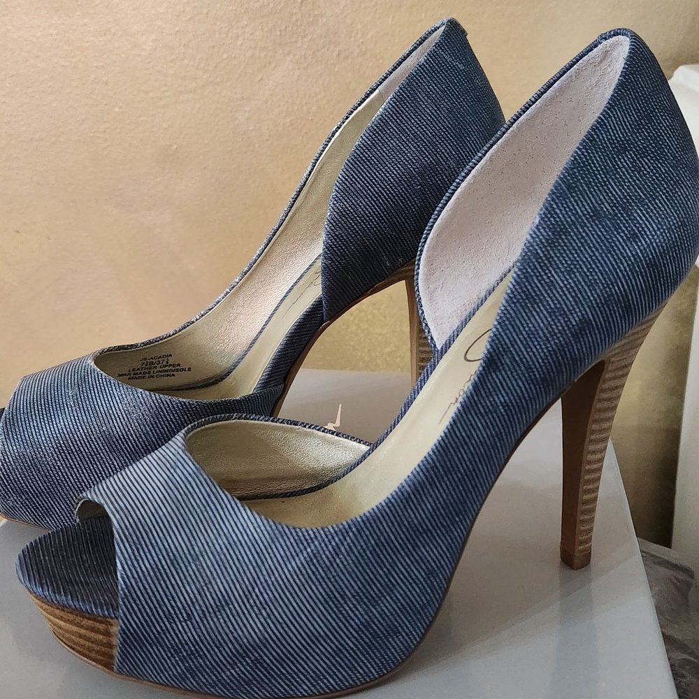 Jessica Simpson Acadia Light Denim Acne Leather heels
